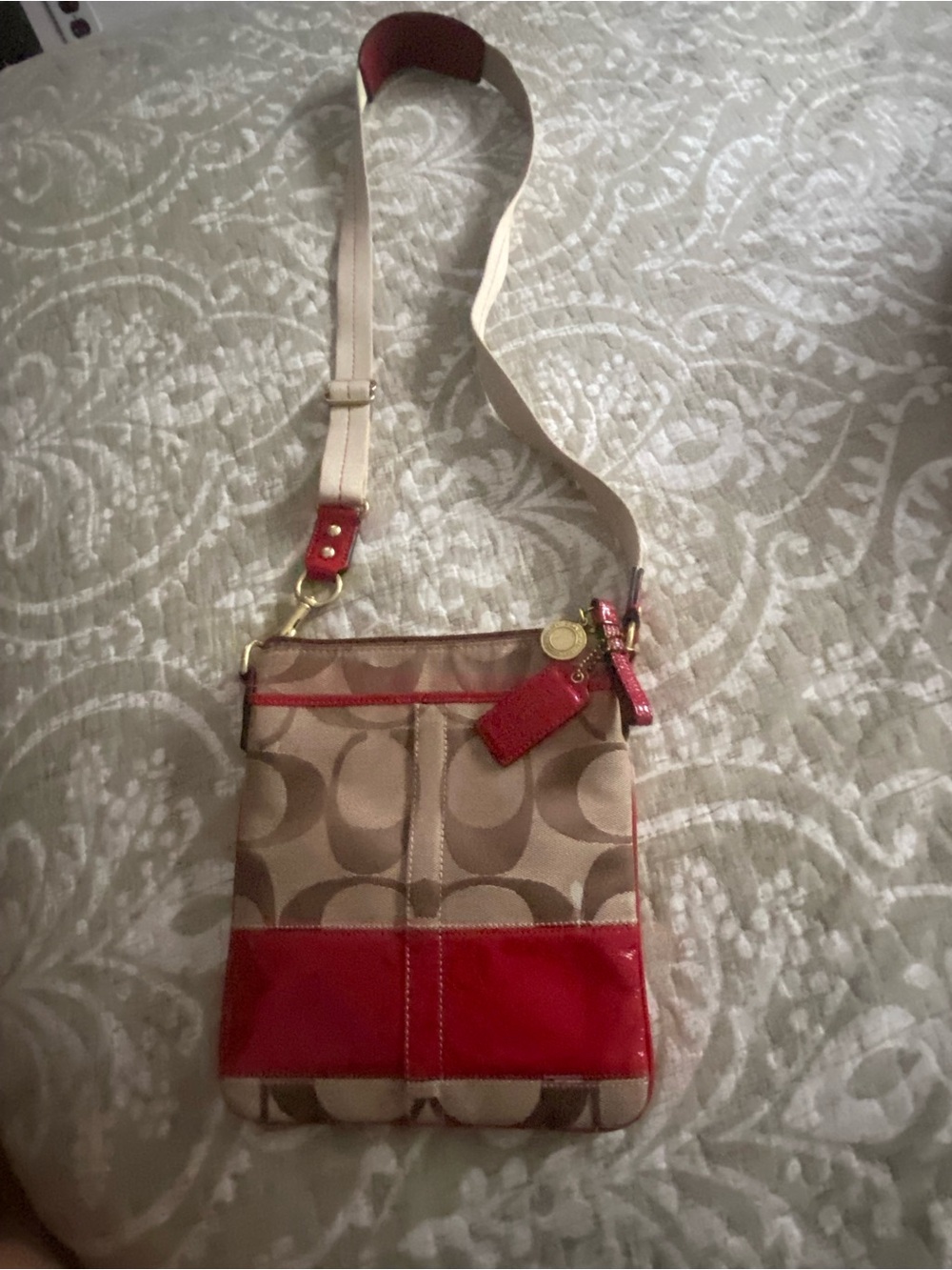 Coach Beige Signature Canvas Crossbody with Red Trim